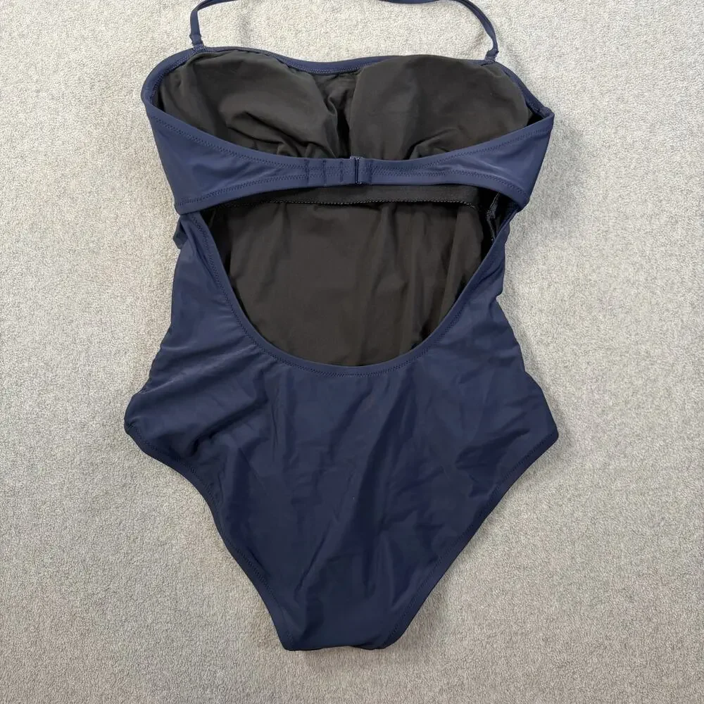 J.Crew Women's Medium Navy Blue Ruched Cut Out Back One Piece Swimsuit Strapless